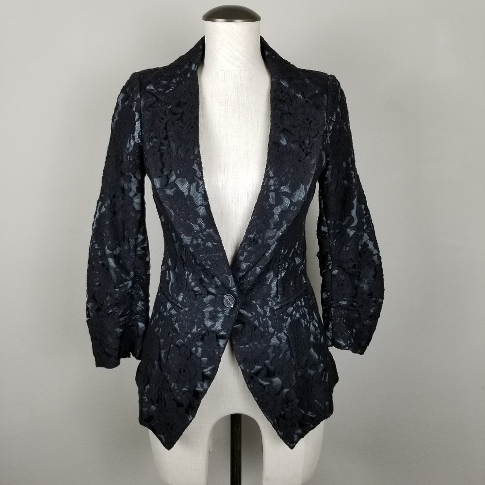 Kenna-T Black Lace Over Silk Silver Lining Blazer.